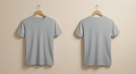 Plain Light Gray T-Shirts Hanging on Wooden Hangers Against Neutral Wall