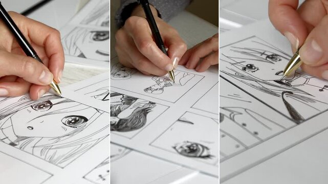 Collage of an artist drawing a storyboard for an anime comic. Manga style.