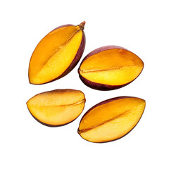 Four Juicy Plum Halves, Ripe, Sweet, Yellow Flesh, Dark Skin, Isolated