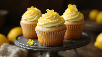 Artisan Lemon Cupcakes with Whipped Citrus Frosting on Rustic Cake Stand — Gourmet Dessert Photography for Patisserie Marketing, Ideal for Baking Blogs and Gastronomy Campaigns