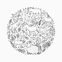 Stylized circular composition of forest animals and leaves in black-and-white vector style, designed for adult coloring books and nature-themed illustrations