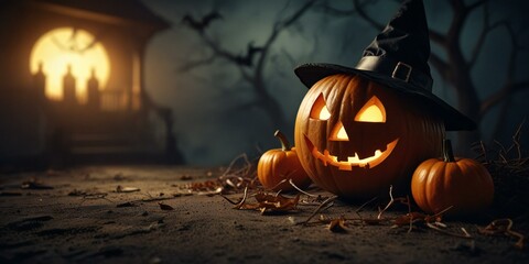 A scary orange jack-o-lantern with a spooky face glows as a Halloween decoration on a dark autumn night