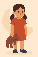 Dissatisfied offended girl holds a teddy bear in her hands. Vector stock illustration eps10. Adobe Illustrator Artwork