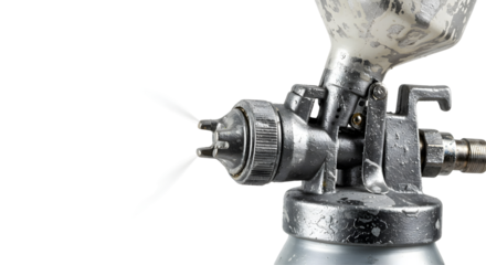 Close-up View of a Silver Metal Spray Gun with Paint Spraying