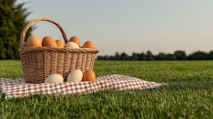 Fresh Farm Eggs in Basket Placed on Grass under Clear Blue Sky