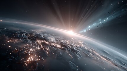 Obraz premium Sunrise over Earth, viewed from space, showing city lights and atmospheric effects