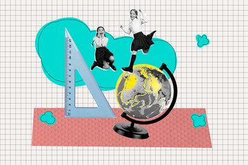 Plakat Template collage design trend artwork 3D sketch of map globe geography two young girl jump academic elementary autumn september education