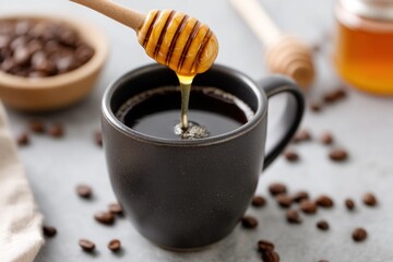 Honey drizzling into black coffee, honey enriches flavor and aroma, honey adds natural sweetness,