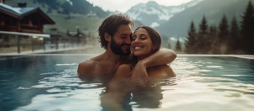 Romantic Couple Embracing in a Mountaintop Infinity Pool - Powered by Adobe
