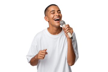 Happy young man singing passionately into a microphone, wearing a loose white t-shirt isolated on transparent background