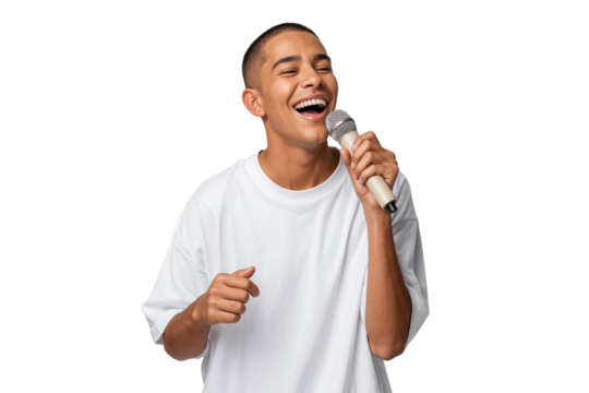 Happy young man singing passionately into a microphone, wearing a loose white t-shirt isolated on transparent background