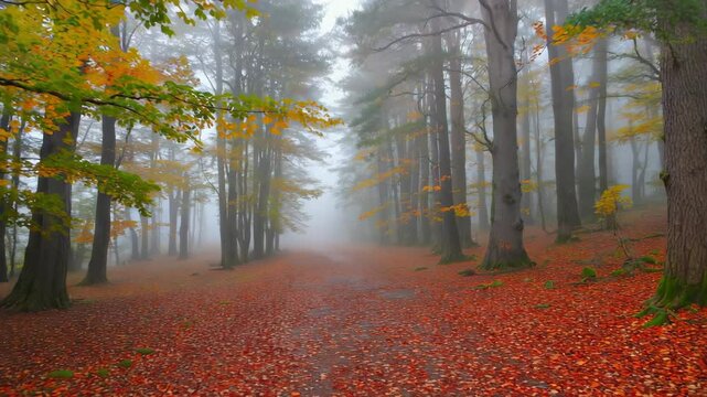foggy autumn forest filled with orange and yellow leaves and soft light breaking through trees, perfect seasonal background video for calm mood or nature scenes