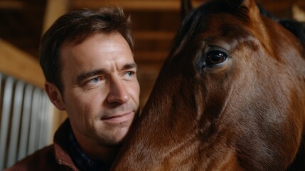 Tender moment between man and horse in stable setting