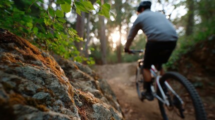 Man enjoying scenic mountain bike ride on forest trail at sunset