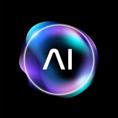 Abstract Circle with AI Text Logo for Futuristic representing Artificial Intelligence using Big Data Tech Concept within Vibrant Fluid Background.