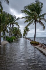 Obraz premium Flooded street with palm trees in Key Largo Florida after a storm eye level shot nature disaster climate change