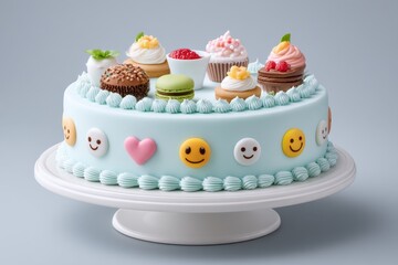 A birthday cake decorated with edible emoji faces