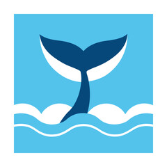 Naklejka premium Simple illustration of a whale tail emerging from the ocean waters in a blue square design