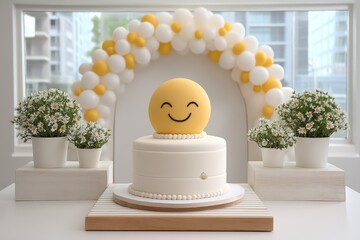A birthday party scene with emoji cake, balloons, and themed decorations