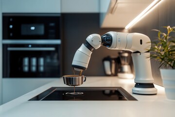 Intelligent robot assistant utilizing AI to prepare and serve coffee in a stylish and modern kitchen environment.