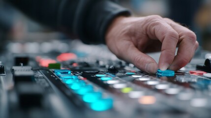 Fototapeta premium Hand adjusting audio mixer controls in studio