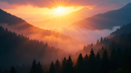 Fototapeta premium Sunrise over Misty Mountains