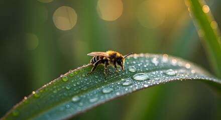 Bee on Leaf with Dew Drops
