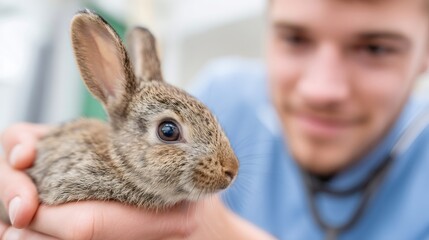 Naklejka premium Veterinarian holding a cute brown baby rabbit in clinic