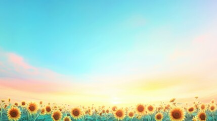 Vibrant Sunflower Field Under Clear Blue Sky During Beautiful Sunrise With Soft Pastel Colors