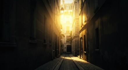 Fototapeta premium sunlit narrow alleyway with glowing sunlight illuminating the end of a quiet historic street at dawn or dusk