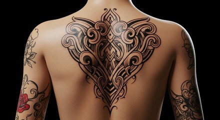 Woman's Back Featuring Intricate Tattoo Design on Dark Background