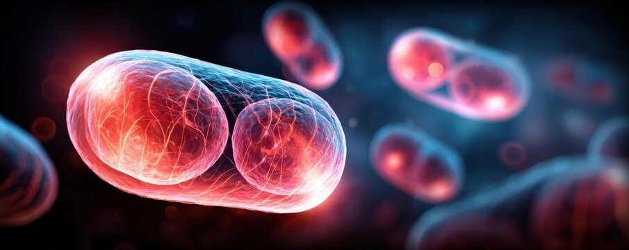 A close-up digital illustration of glowing bacteria or cells undergoing division, set against a dark, blurred background. - Powered by Adobe