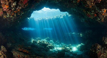 Underwater cave entrance with sunlight streaming through the opening into the ocean