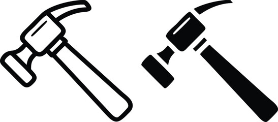 Minimalist Hammer Icon in Two Styles – Black and White Outline and Solid Fill Vector Illustration