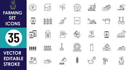 A minimal farming icon set featuring 35 editable vector stroke icons including tractors, seeds, tools, plants, irrigation, milk, fences, livestock, and crops