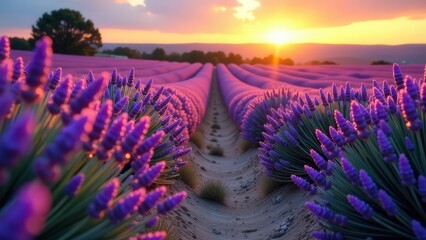 Fototapeta premium Vibrant lavender field at sunset with glowing horizon. medicinal herbs and traditional medicine