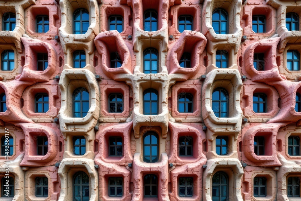 Poster digital fractal inspired pattern of repeating architectural forms and windows, vibrant and intricate