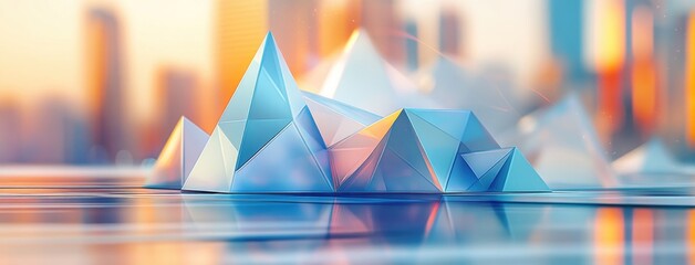 Modern geometric shapes reflecting urban skyline