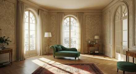 Elegant vintage living room with ornate moldings, large windows, and classic furnishings capturing timeless interior design