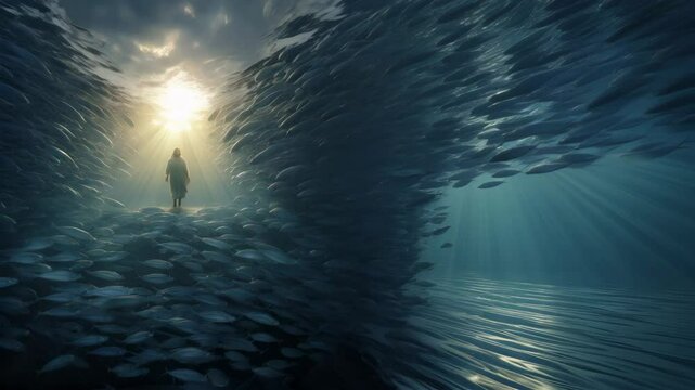Jesus walking above as fish swim in formation below, creating halo patterns underwater

