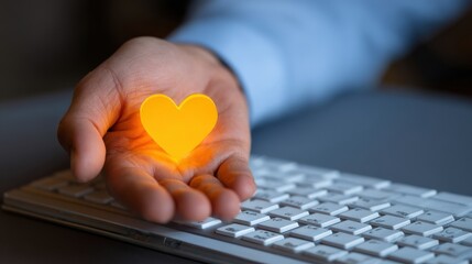 A hand holding a glowing yellow heart above a computer keyboard, symbolizing digital care and connection.