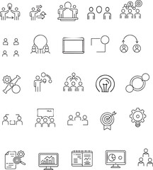social network icons set, A grid of small, simple line icons depicting various teamwork and collaboration concepts.