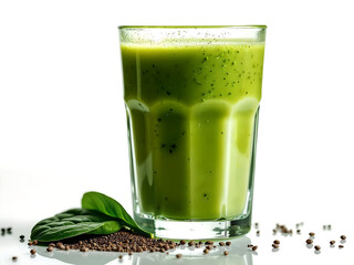 a thick green smoothie with spinach, mango, and chia seeds isolated on white background