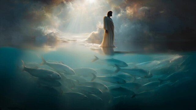 Split level illustration of jesus walking above and fish swimming in harmony below, forming halos


