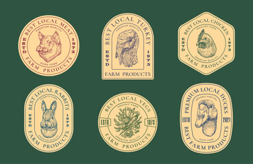 Pork Meat Poultry Farm Retro Framed Badges Logo Templates Collection. Hand Drawn Domestic Animals and Birds Sketches Vegetables Chicken Pig with Retro Typography. Vintage Sketch Emblems Set. Isolated
