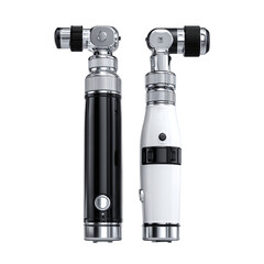 A sleek, handheld digital otoscope with a bright LED light and detachable ear speculum, isolated on a transparent background.