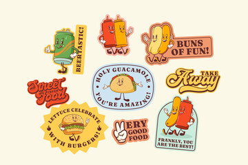 Groovy Burger Retro Character Stickers Set. Cartoon Hamburger, Hotdog, Coffee, Beer Walking and Smiling. Vector Street Food Mascot Templates Patches Collection Vintage Fast Food Illustrations Isolated