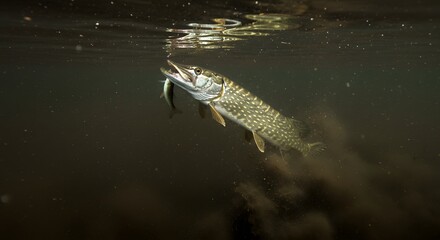 A northern pike with a small fish in its mouth swimming underwater in dark water