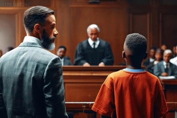 Obraz premium Boy stands in courtroom beside adult as justice unfolds, justice appears formal and distant, justice defines every moment.