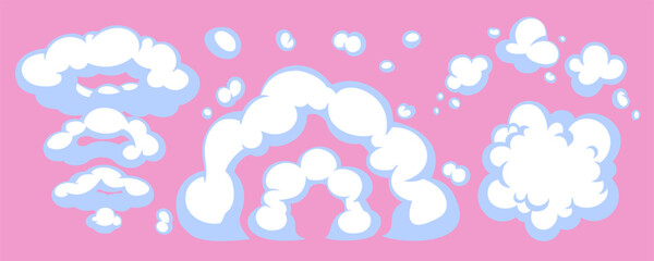 Cartoon cloud vector with comic smoke and cloud puffs on a pink background. Pink and white cloud elements in playful magic style. Perfect for kids themes, fantasy posters, packaging, prints
